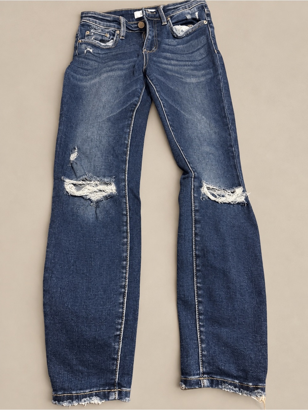 Zenana Outfitters Distressed Dark Blue Tapered Jeans